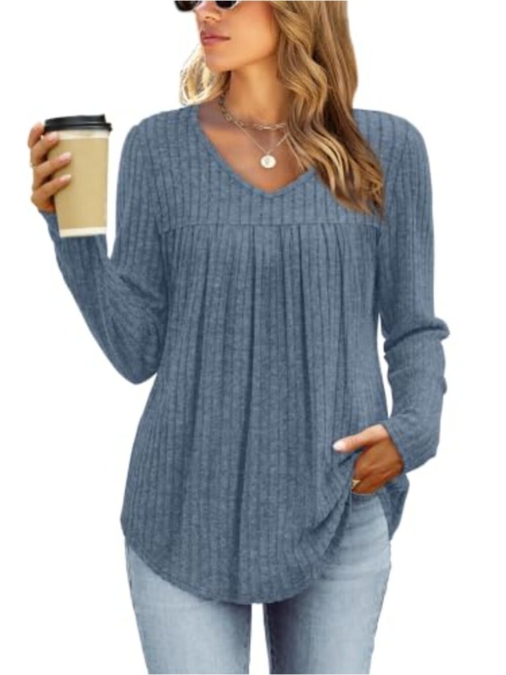 WIHOLL Women's V-Neck Long Sleeve Lightweight Pullover Sweater Tunic